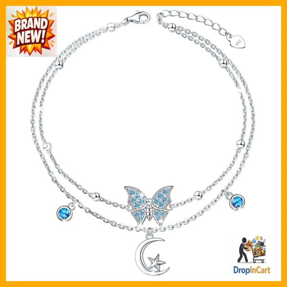 Sterling Silver Anklet Adjustable Butterfly Star Charm Elegant Layered Foot